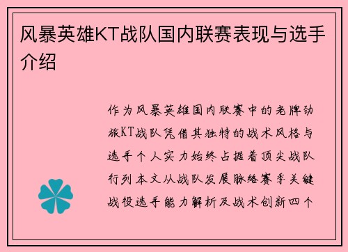 风暴英雄KT战队国内联赛表现与选手介绍