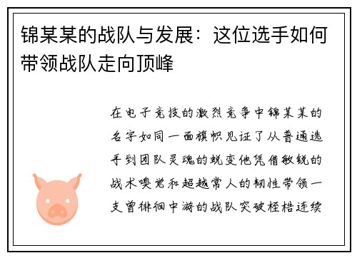锦某某的战队与发展：这位选手如何带领战队走向顶峰